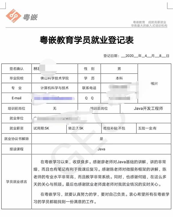 粵嵌科技Java學員：疫情之下，我拿到了月薪7.5K的offer