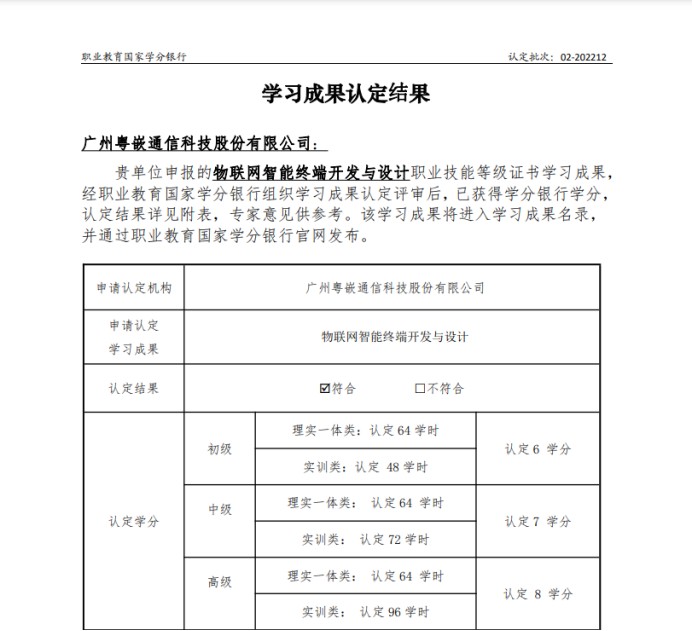 粵嵌科技《物聯網智能終端開發與設計職業技能等級證書》獲得學分銀行學習成果認定